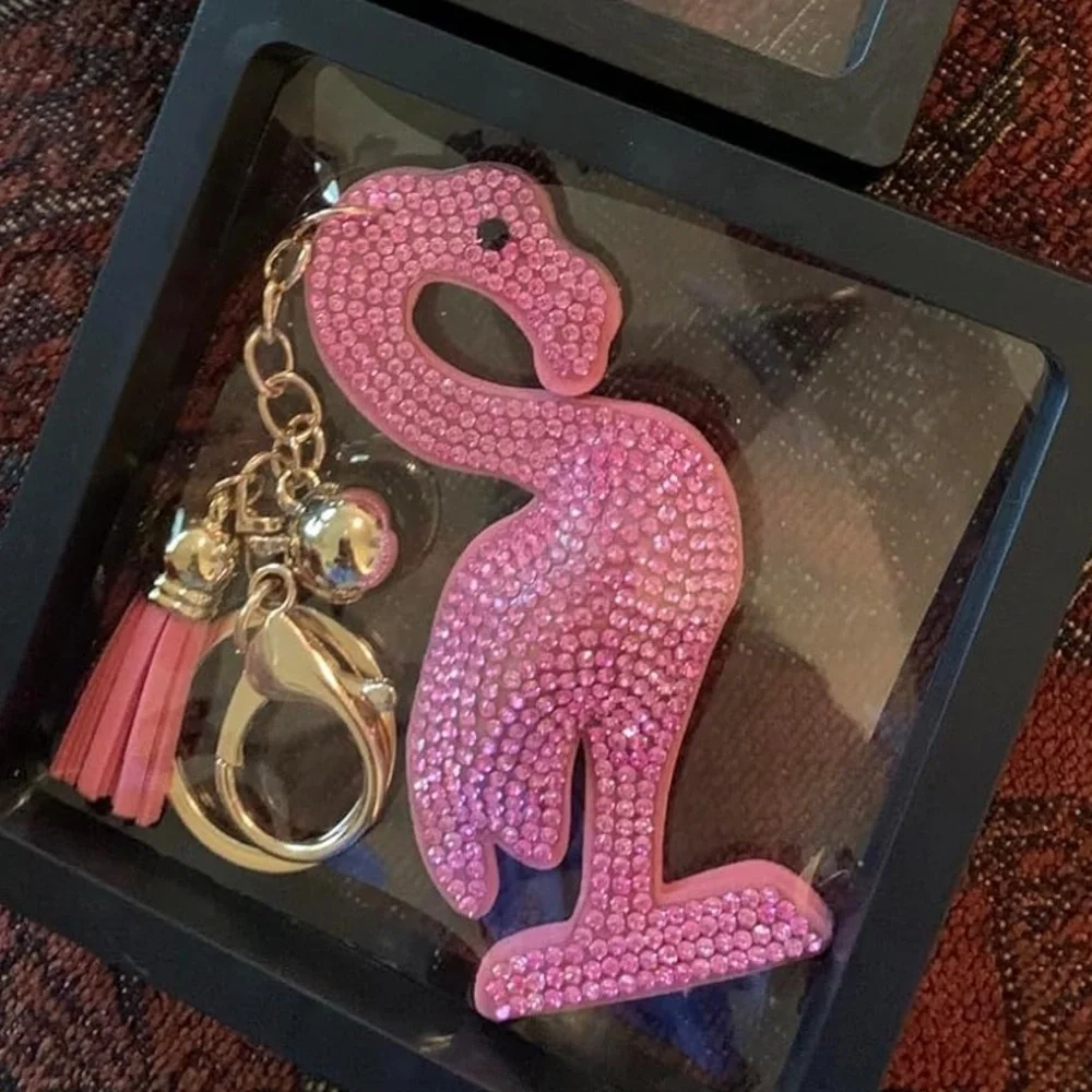 Crystal Pink Flamingo bedazzled bag charm with gold hardware